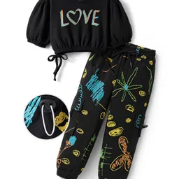OLLINGTON ST. Cotton Short Sleeves Top & Printed Joggers Set - Black image 2