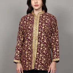 Exotic India Women Floral Woollen Crop Open Front Jacket with Embroidered-picture-23
