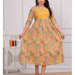 NEVISHA STYLE Cotton Woven Three Fourth Sleeves Leaves Printed Maternity Kurta With Side Zipper Nursing Access - Yellow image 4