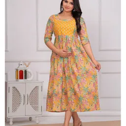 NEVISHA STYLE Cotton Woven Three Fourth Sleeves Leaves Printed Maternity Kurta With Side Zipper Nursing Access - Yellow image 5