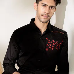 Foomer Men Standard Fit Embroidered Spread Collar Satin Casual Shirt-picture-15