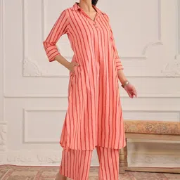 CRAFIQA Striped Shirt Collar Pure Cotton Tunic With Trousers image 4
