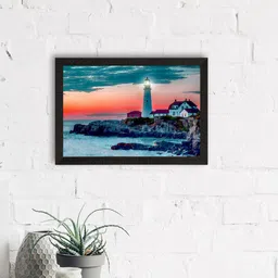 eCraftIndia Teal Blue & Orange Seaside Lighthouse Scenic View Satin Matte Texture Wall Art image 1