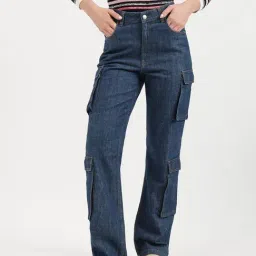 United Colors of Benetton Blue Straight Fit Solid Cargo Jeans-picture-14