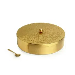 ExclusiveLane Floral-Etched' Handcrafted Spice Box In Brass With Spoon (7 Containers, 40 ML) image 3