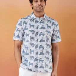 Fabindia White-Blue Cotton Straight Fit Printed Shirt-picture-10