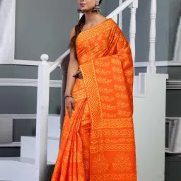 Unnati Silks Orange Cotton Printed Saree With Unstitched Blouse-image-36