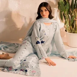 KALINI Women Blue Ethnic Motifs Embroidered Chanderi Silk Kurta With Trousers & Dupatta image 5