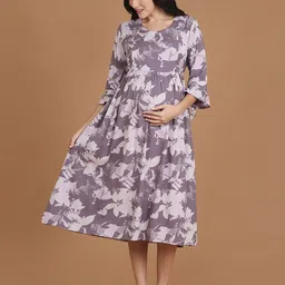 NIGHTSPREE  Women Floral Printed Gathered Maternity Fit & Flare Dress Comes with a belt-image-79