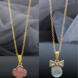 Birado Jewellery Set Of 2 Stainless Steel Gold-Plated Stones Studded Necklace With Chain-image-37