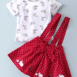 ToffyHouse Cotton Half Sleeves Top & Skirt Set with Bow Applique Bunny Print - Red-picture-28