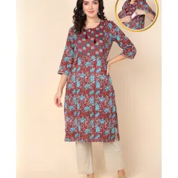 Zelena Three Fourth Sleeves Floral Printed   Maternity Kurta With With Nursing Access - Maroon-picture-34