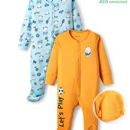 Babyoye 100% Cotton Knit Full Sleeves Sleep Suits With Teddy Print Pack Of 2 - Light Blue & Mustard-picture-10