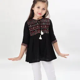 ISHTI Rayon Three Fourth Sleeves Abstract Embroidered Top - Black-picture-35