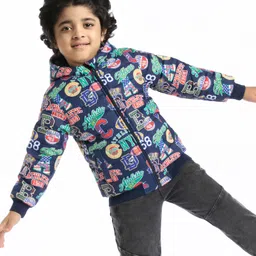 Babyhug Woven Full Sleeves Sports Theme Padded Hooded Jacket- Multicolor-picture-36