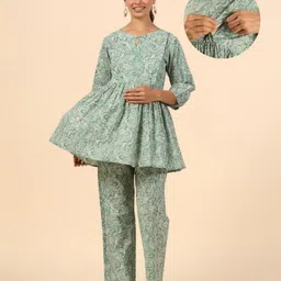 Ikk Kudi by Seerat Cotton Woven Three Fourth Sleeves Floral & Paisley Printed Peplum Top With Zipper Nursing Access & Pant Set - Green-picture-32