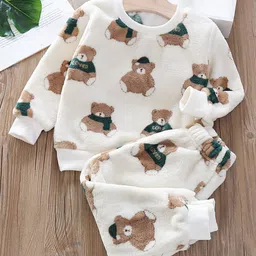 Babymoon Velvet Knit Full Sleeves Bear Printed Coordinating Tee & Pajama Set - White-image-16