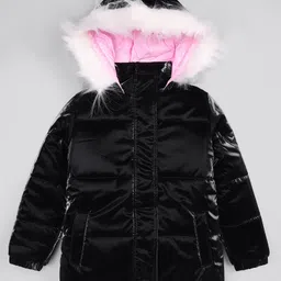 Primo Gino Woven Full Sleeves Fur Hooded Solid Padded Jacket - Black-picture-10