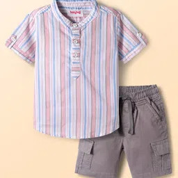 Babyhug Cotton Woven Half Sleeves Front Buttons Mandarin Collar Shirt and Shorts Set with Stripes - White & Grey-image-67