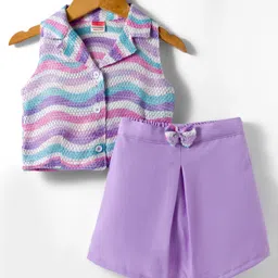 twetoons Tweetoons Woven Sleeveless Top & Skort Set with Bow Applique & Abstract Print -Purple-picture-11