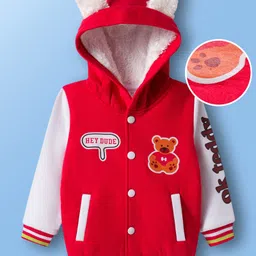 Mark & Mia Fleece Knit Full Sleeves Hooded Sweatjacket With Teddy Bear Print & Ear Applique - Red & White-picture-26
