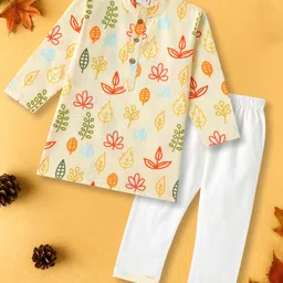 Desi Soota Cotton Woven Full Sleeves Leaves Printed Kurta Pyjama Set - Yellow-picture-29