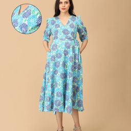 The Mom Store Cotton Knit Half Puffed Sleeves Floral Printed Maternity Dress With Overlap Nursing Access - Multi Colour-picture-48