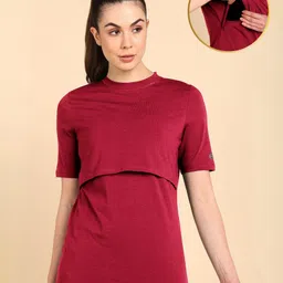 Zelena 95% Cotton 5% Elastane Woven Half Sleeves Solid Maternity Top With Overlap Nursing Access - Deep Red-image-69