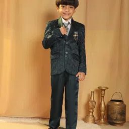 P-MARK Cotton Knit Full Sleeves Geometric Embroidered 4 Piece Suit Set With Tie - Dark Green-picture-18