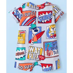 Babyhug Interlock Knit Half Sleeves Romper With Animal & Beach Theme Print - White image 2
