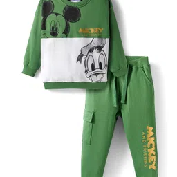 Babyoye Disney Terry Knit Full Sleeves Cut & Sew Design Sweatshirt & Track Pant Set With Mickey Mouse Graphics - Olive Green image 2