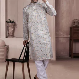 KURTA WALLAH Men Geometric Printed Thread Work Floral Kurta image 4