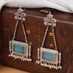 JEWILLEY Silver-Plated Artficial Beaded Square Shaped Oxidised Drop Earrings-picture-29
