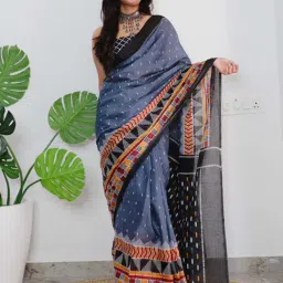 Satrani Grey & Black Cotton Woven Saree With Unstitched Blouse-image-15