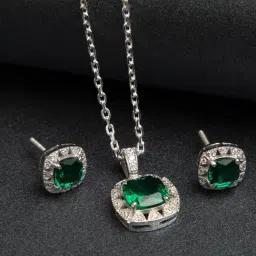 Clara 92.5 Sterling Silver Swiss Zirconia Dark Green Cushion Pendant Set-image-19