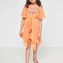 Global Desi Girl Kids Orange Embroidered Dress-picture-13
