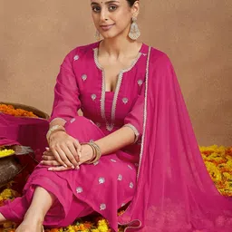 Janasya Women Ethnic Motifs Embroidered Kurta with Palazzos & Dupatta image 4