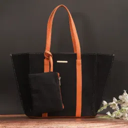 Bagsy Malone Black & Tan Solid Medium Tote Handbag with Pouch-image-25