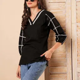 Fashor Black Cotton Embroidered A Line Short Kurti image 5