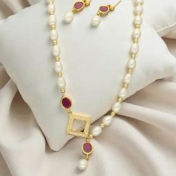 Sri Jagdamba Pearls White Celestia Crest Pearl Necklace & Earring Set-picture-23
