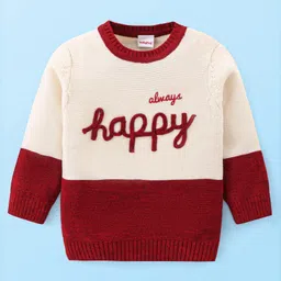Babyhug Knitted Full Sleeves Pullover Sweater with Colour Block Design & Text Embroidery - Cream & Red-picture-16