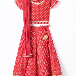 Exclusive from Jaipur Cotton Woven Half Sleeves Foil Printed Choli & Lehenga with Dupatta Tassle Detailing - Red-picture-21