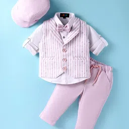 Robo Fry Lycra Knit Full Sleeves 3 Piece Striped Party Suits with Cap & Bow - Pink-picture-25