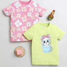 BUMZEE Cotton Pack Of 2 Half Sleeves Floral & Cat Printed Tees - Pink & Lime Green-picture-34