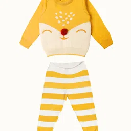 kids of greendeer Greendeer 100% Cotton Full Sleeves Fox Designed Sweater & Striped Pant Set - Mustard Yellow-picture-31