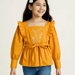 arias by lara dutta Arias Cotton Woven Full Sleeves Top With Floral Embroidery & Frill Detailing - Yellow-picture-25