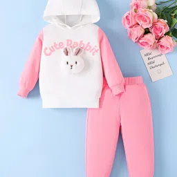 Mark & Mia Full Sleeves Cotton Winter Wear Hooded T-shirt & Lounge Pant Set With Animal Applique & Text Print - Pink & White-picture-23