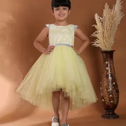 Toy Balloon Kids Net Woven Cap Sleeves Floral Embroidered Sequins Embellished High Low Dress - Yellow-image-64
