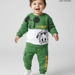 Babyoye Disney Terry Knit Full Sleeves Cut & Sew Design Sweatshirt & Track Pant Set With Mickey Mouse Graphics - Olive Green-picture-22