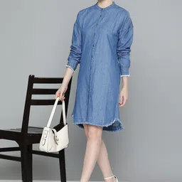 Chemistry Solid Cotton Denim A-Line Dress-image-49